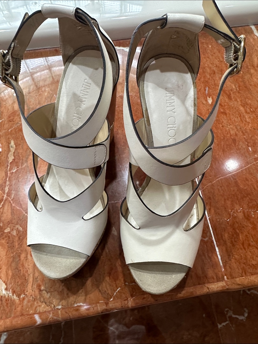 Jimmy Choo Cream Strappy Open-Toe High Heel Sandals